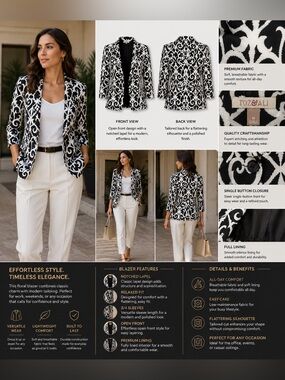 Roz & Ali Black & White Printed Notch Lapel Blazer